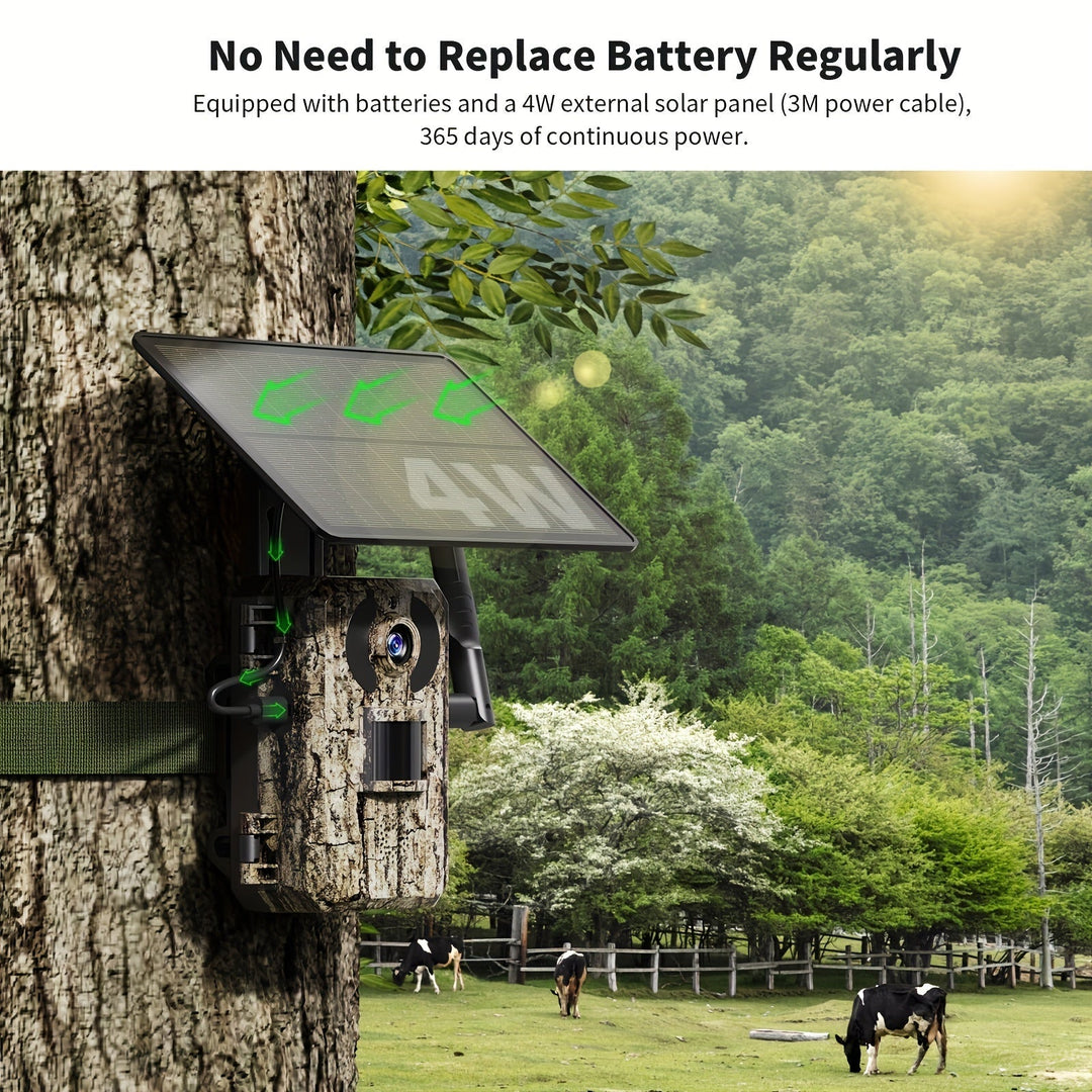 Tavvitaimp18 4K wildlife camera with solar panel, instant cellular alerts & night vision for outdoor use.