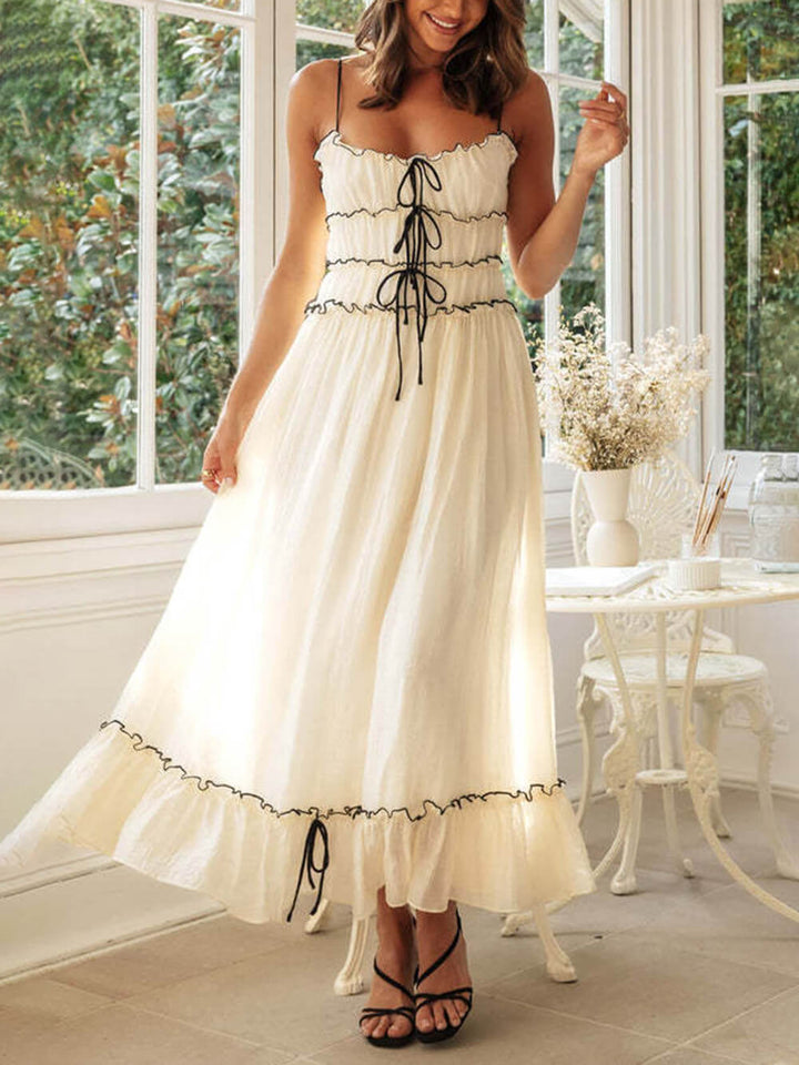 Effortless women's midi boho dress, spaghetti strap sundress, casual bohemian style.