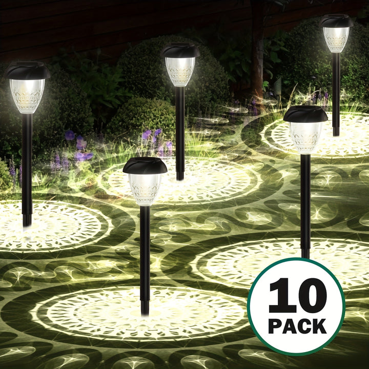 Bright white auto on/off solar garden pathway lights (10-pack). Weather-resistant outdoor landscape lighting.