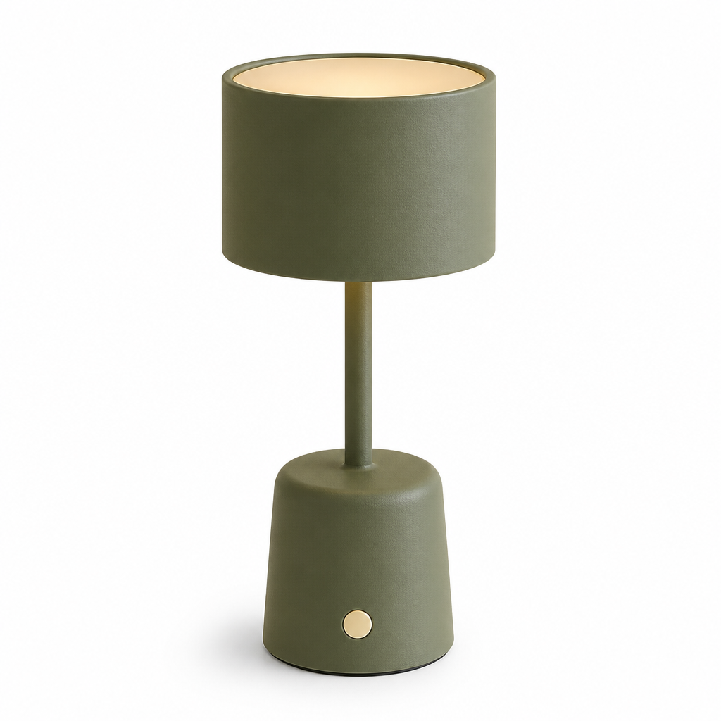 Modern portable touch LED lamp, rechargeable and cordless, providing warm ambient light for desk or table home decor.