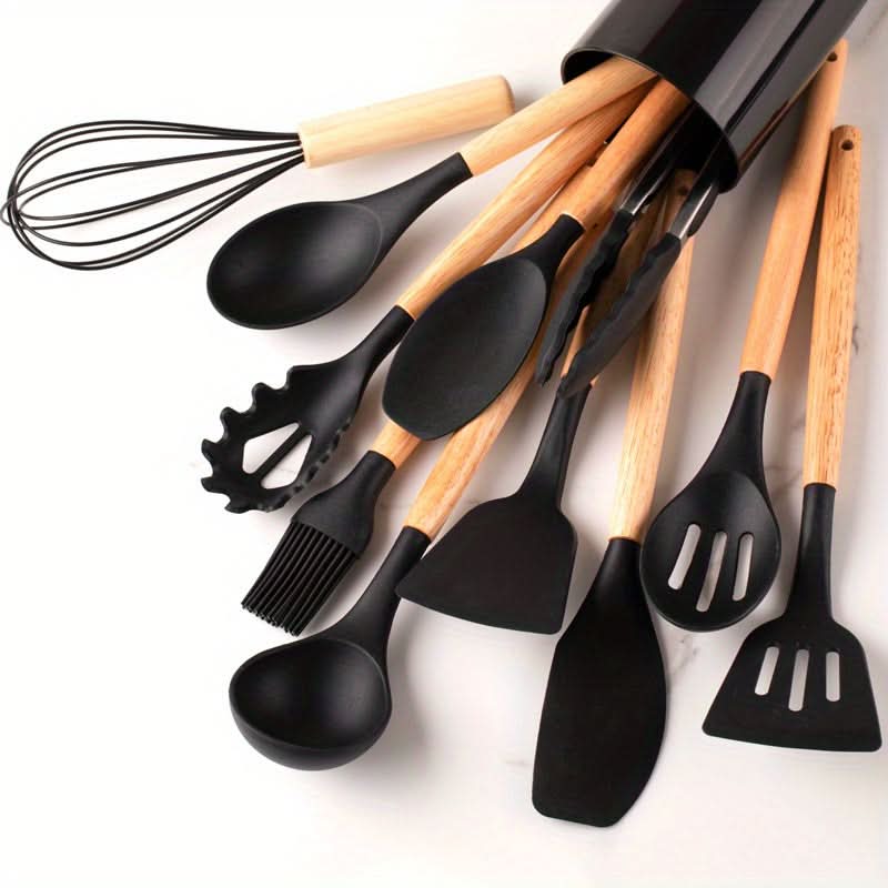 Full 12-piece kitchen silicone utensil set with wooden handles, includes spatulas, whisks, and more.