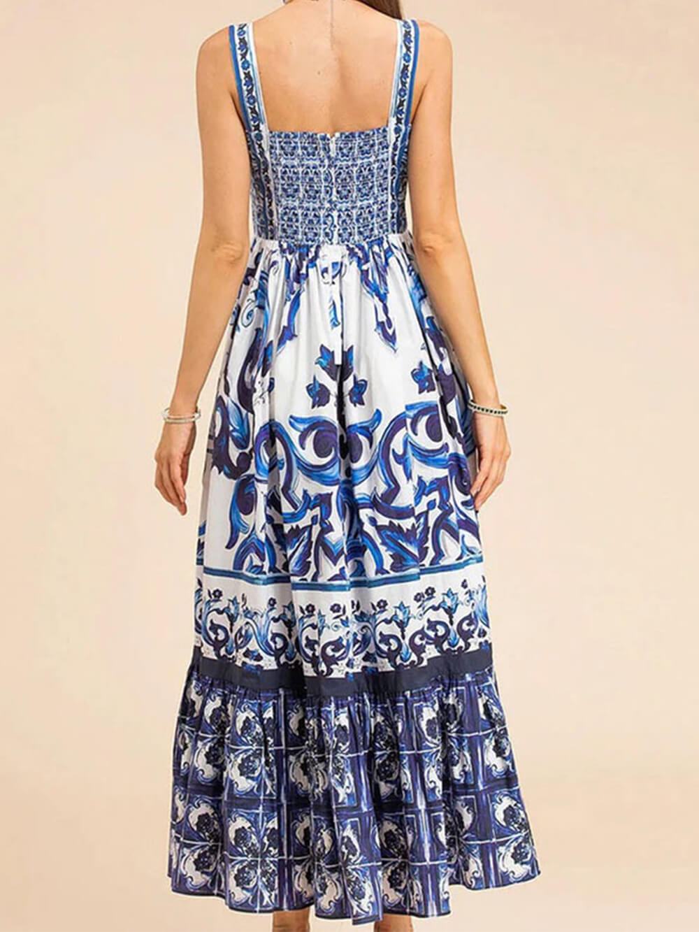 Bohemian style flowy midi dress for women, featuring a square neck & tiered design for casual comfort.