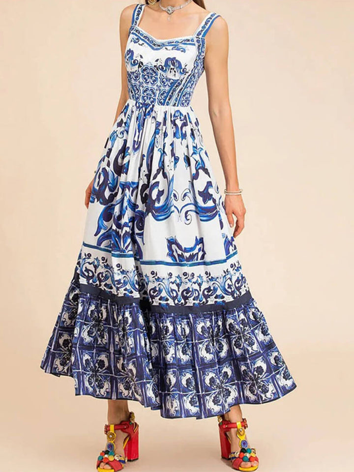 Women's casual flowy tiered midi dress with square neck, ideal for summer outings & bohemian chic.