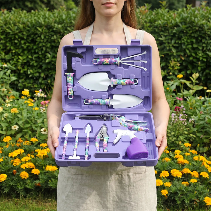 Unisex 10-piece garden tool set with storage case for indoor & outdoor plant care. Perfect gardening gift.