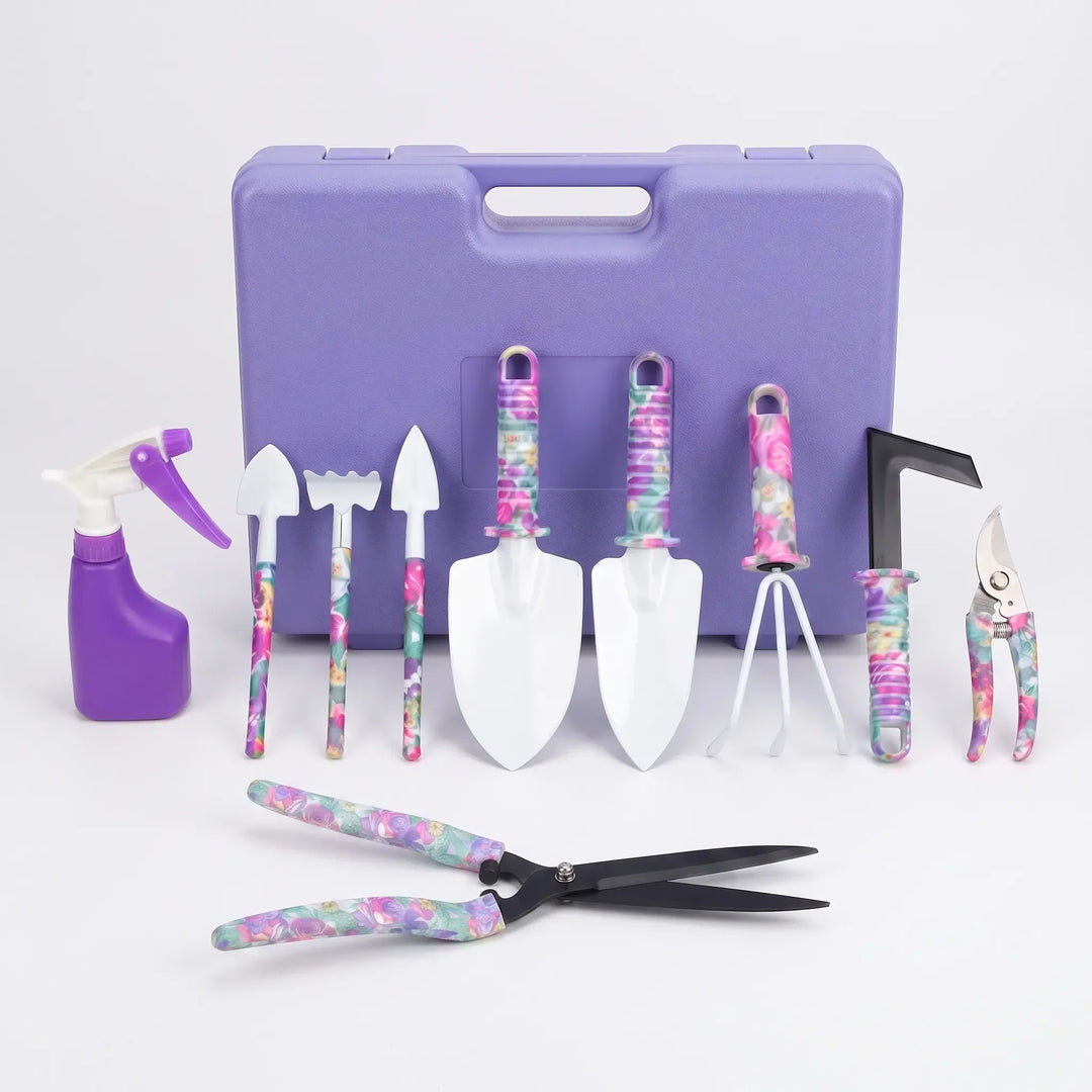 Organized 10-piece garden tool set in a convenient storage case. Essential tools for all indoor & outdoor plant care.