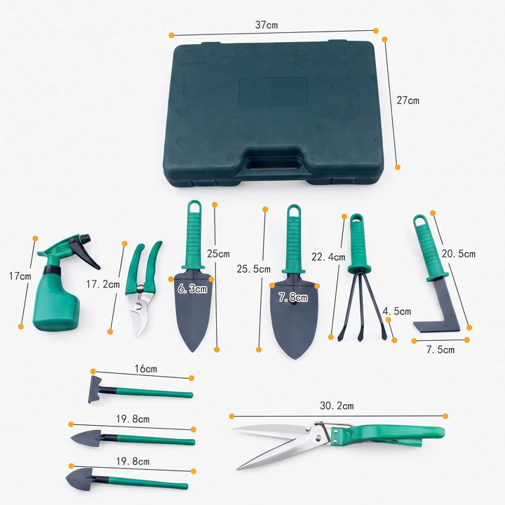 Complete 10-piece garden tool kit for home & garden. Includes trowel, gloves, pruner. Great for plant care tasks.