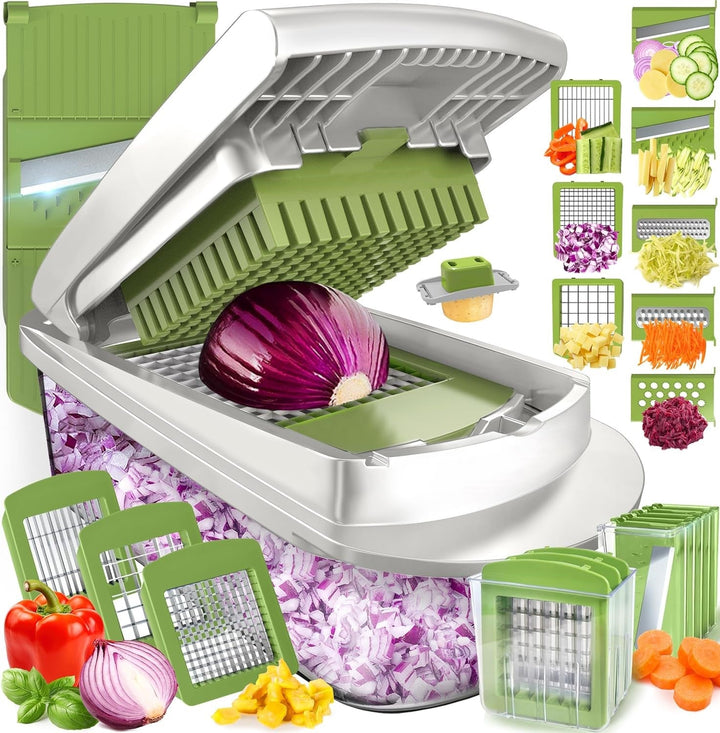 Complete meal prep kit: multi-functional vegetable cutter, grater, and food chopper with collection container.