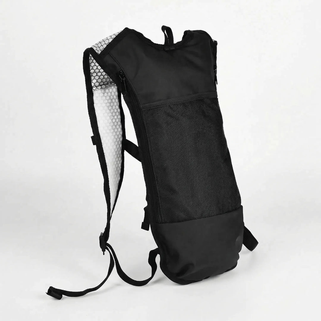 Black 10L hydration backpack for cyclists. Durable, water repellent, lightweight, compact, ideal for trails.