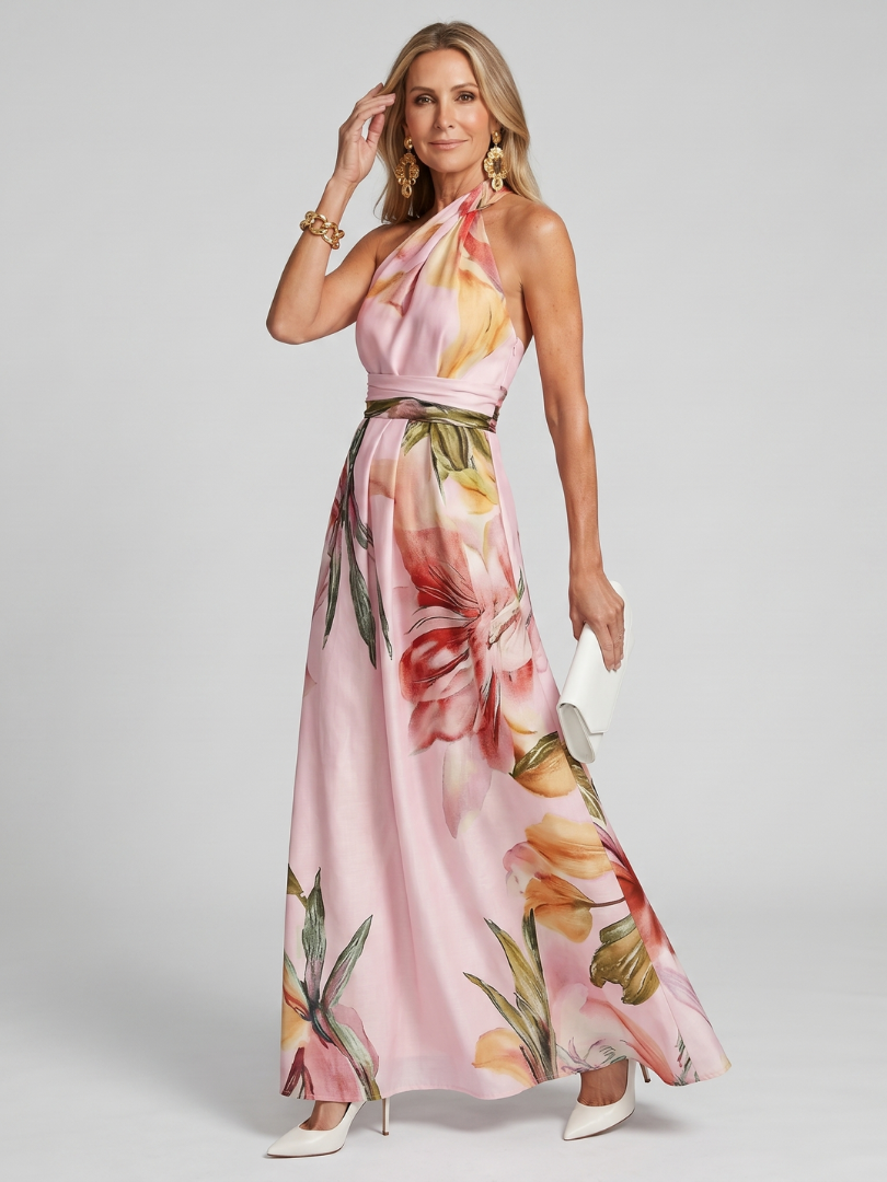Beautiful women's halter maxi dress with a long, flowing skirt; perfect sleeveless summer fashion.