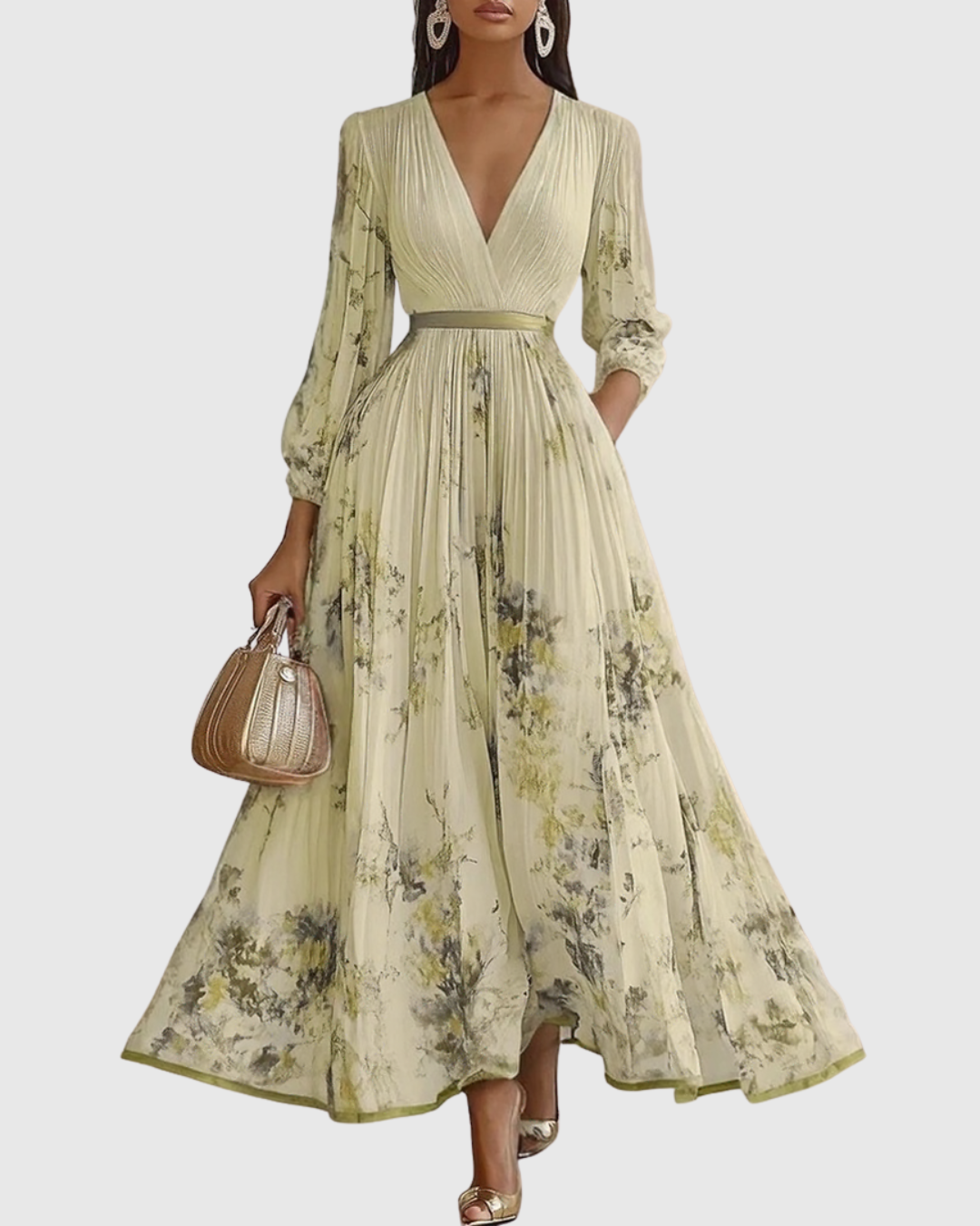 Stylish pleated maxi dress with V-neck, a chic choice for women's wedding guest or formal events.