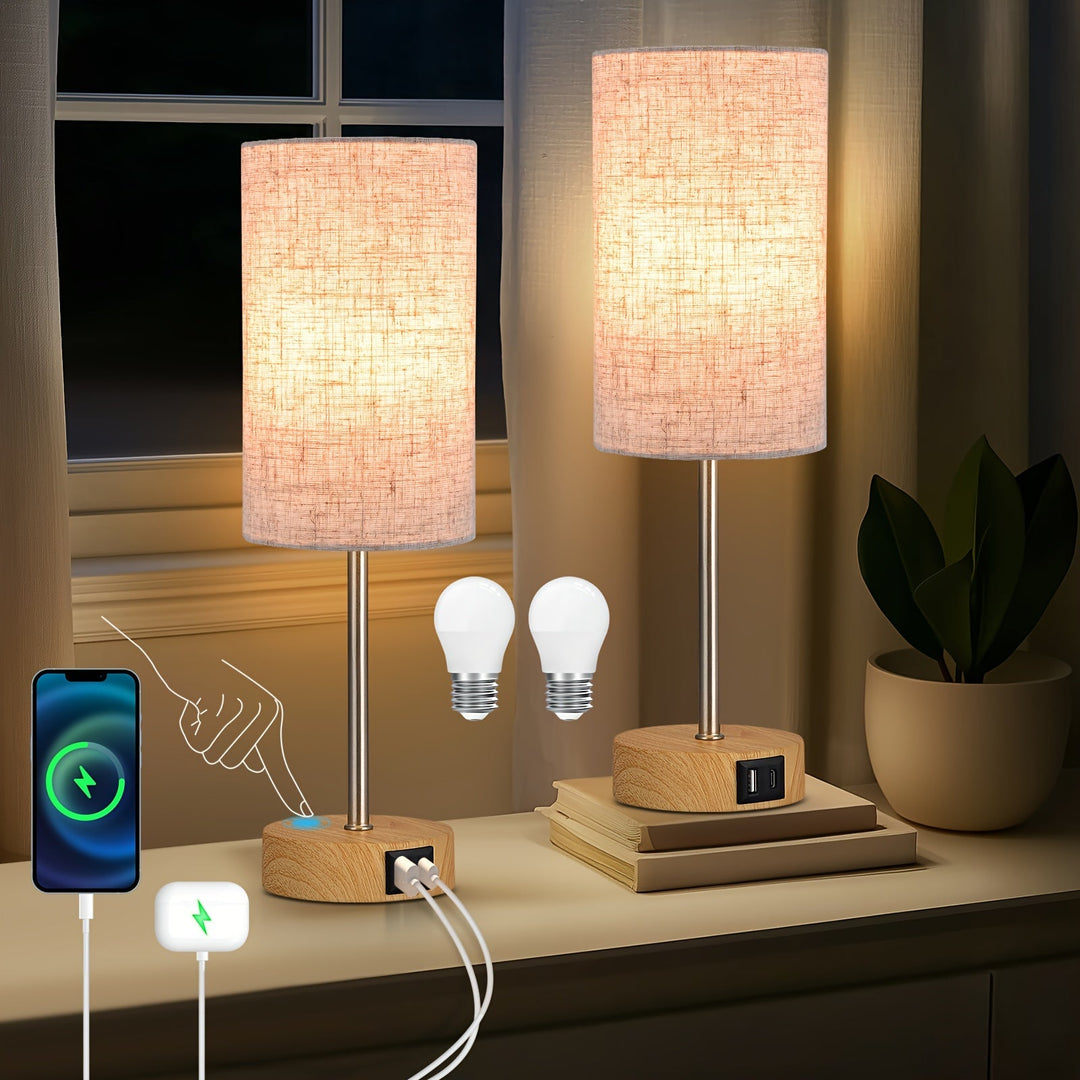 2-pack dimmable touch control bedside lamps with dual USB ports and fabric shades for accent lighting.