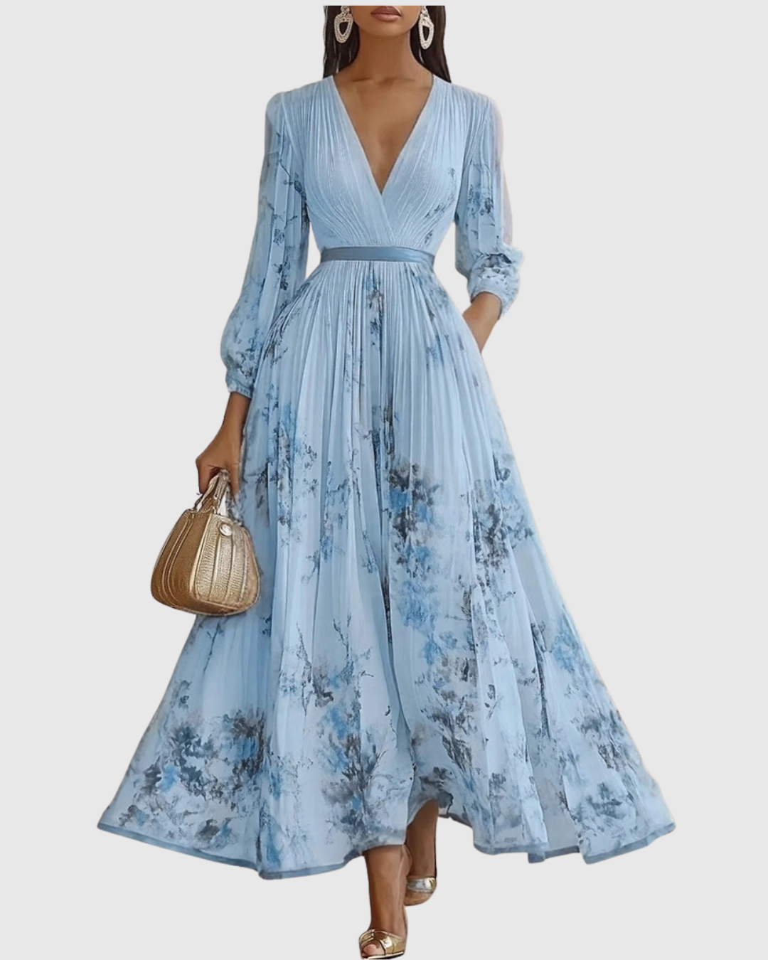 Women's elegant pleated V-neck maxi dress for wedding guests & formal occasions.