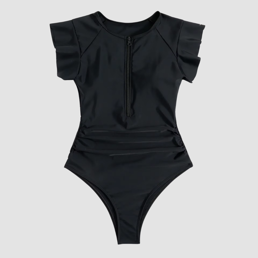 Sporty chic women's one-piece swimsuit with front zipper. Ideal for beach, poolside, or summer vacation.