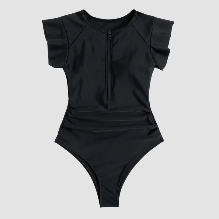 Sporty chic women's one-piece swimsuit with front zipper. Ideal for beach, poolside, or summer vacation.