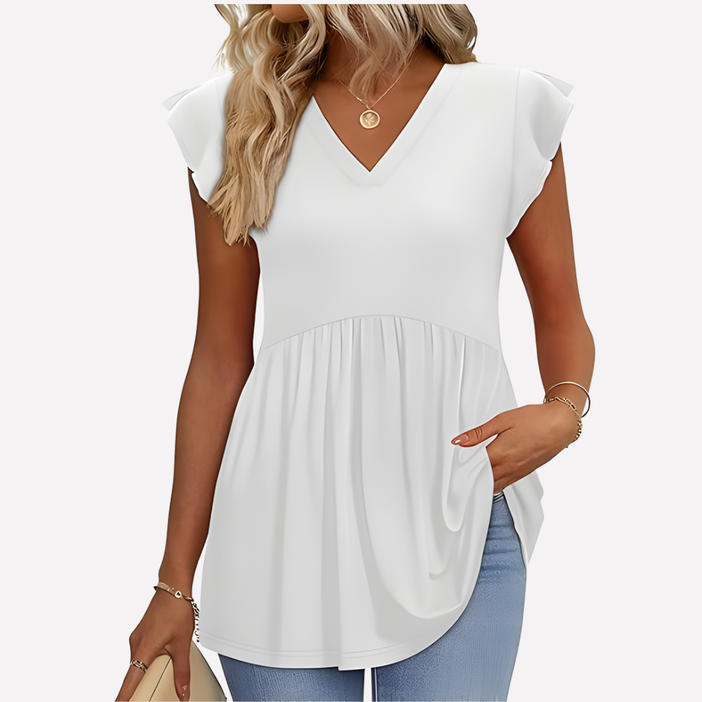 Everyday women's casual blouse, relaxed fit, short sleeve. A comfortable & chic top for travel fashion.