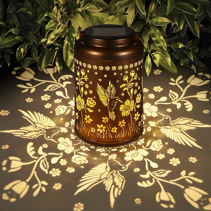 Solar-powered decorative garden lantern for outdoor spaces and landscape lighting.