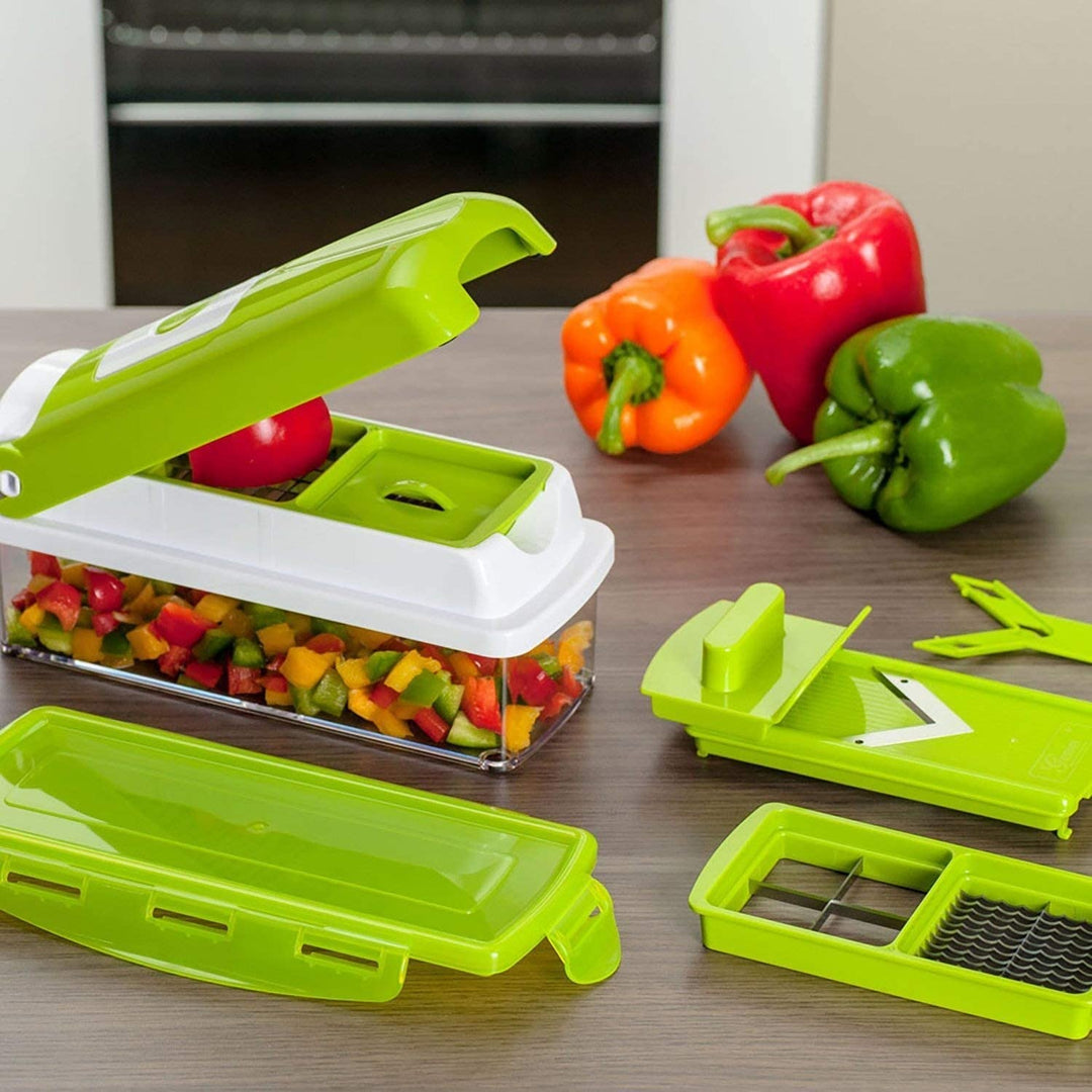 Versatile 12-in-1 kitchen tool for easy vegetable slicing, dicing, chopping, includes a handy storage bin.