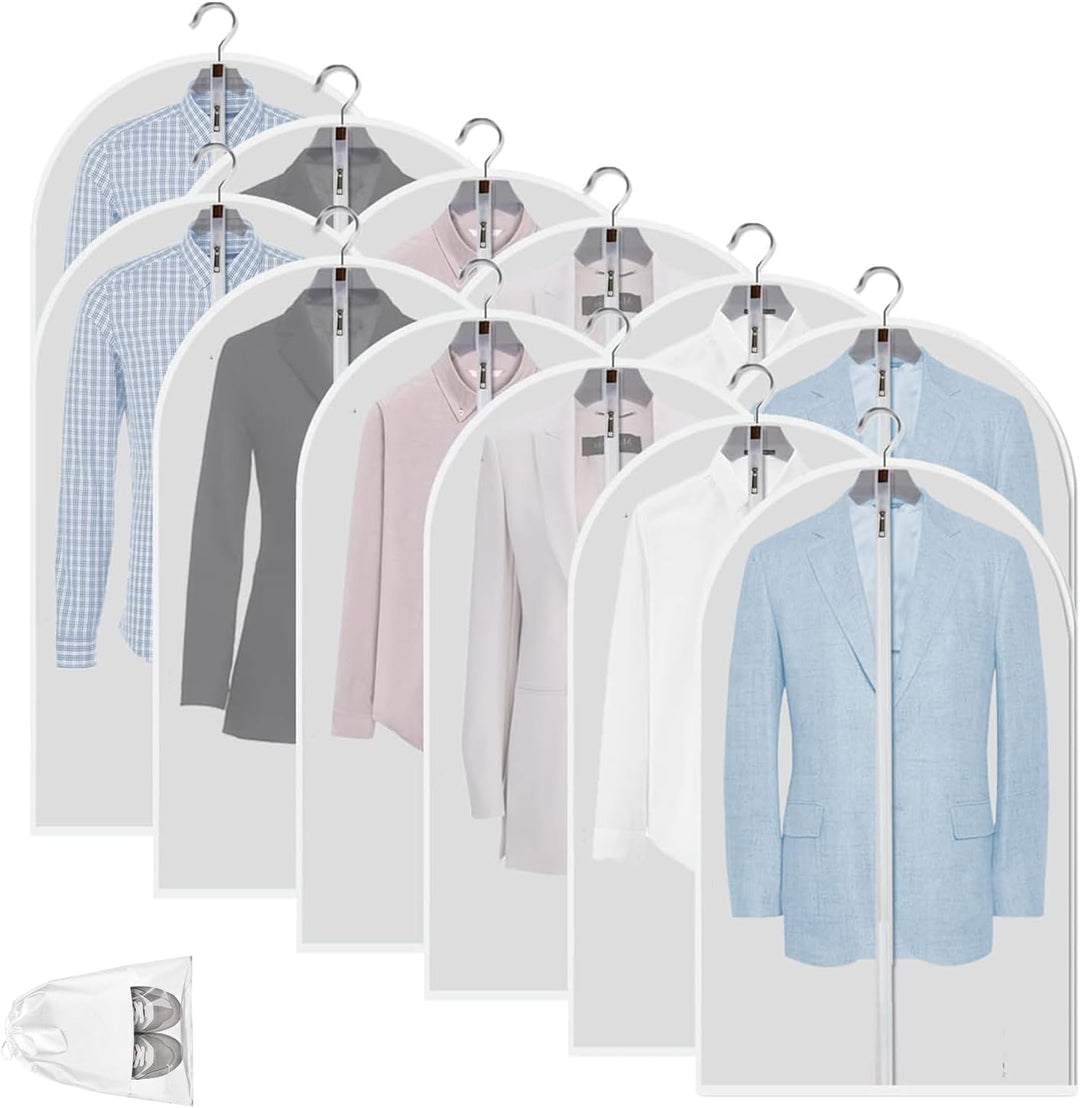 Essential 12-pack clear garment bags for suits, dresses, coats, ensuring dust-free storage.
