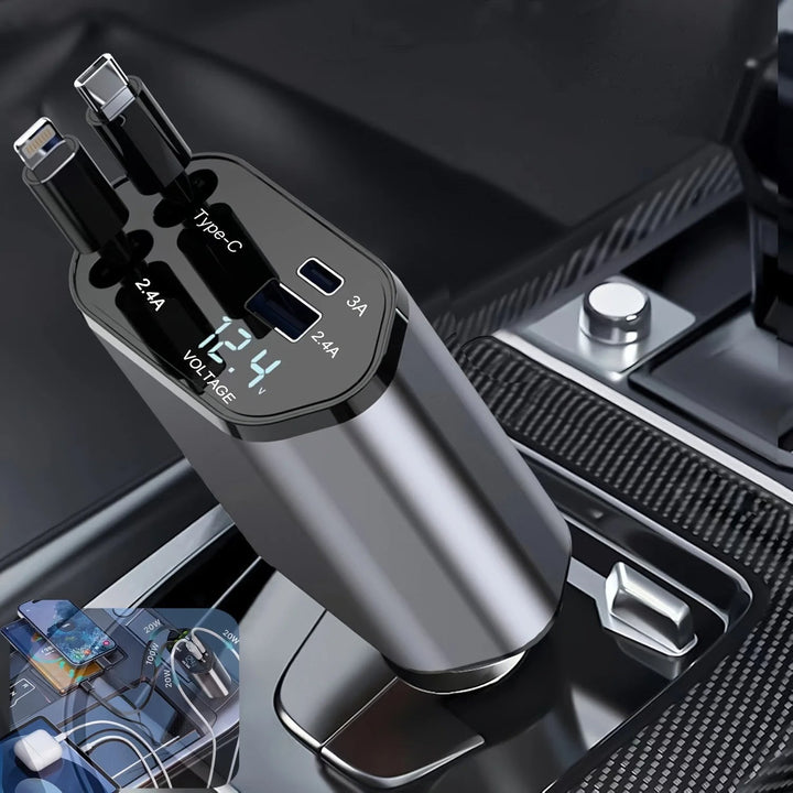 120W Smart Car Charger with retractable USB-C & Lightning cables for fast iPhone & Android charging. Auto power.
