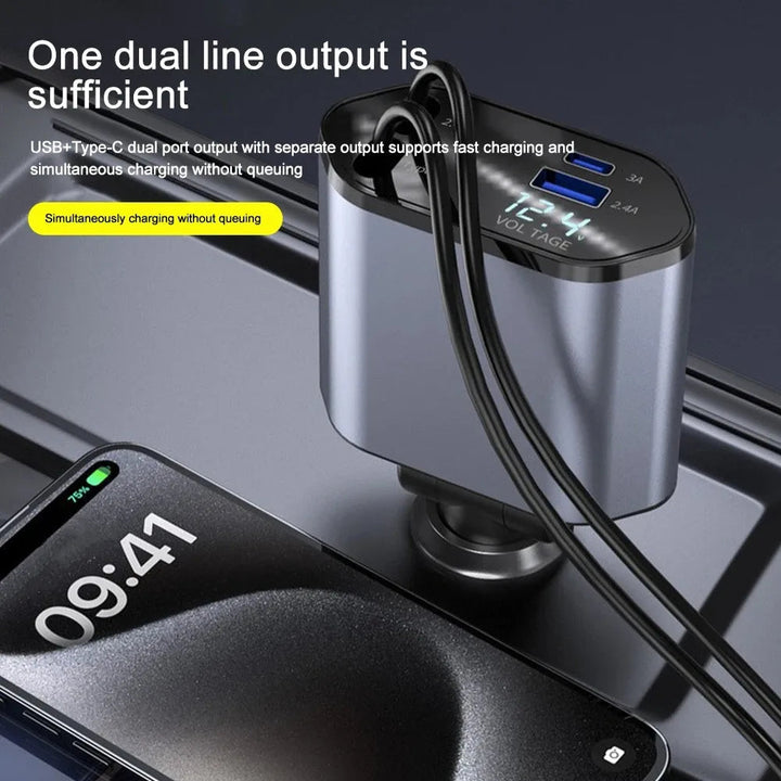 Fast charging 120W car charger with retractable cables, ideal for iPhone & Android devices on the go. Travel accessory.