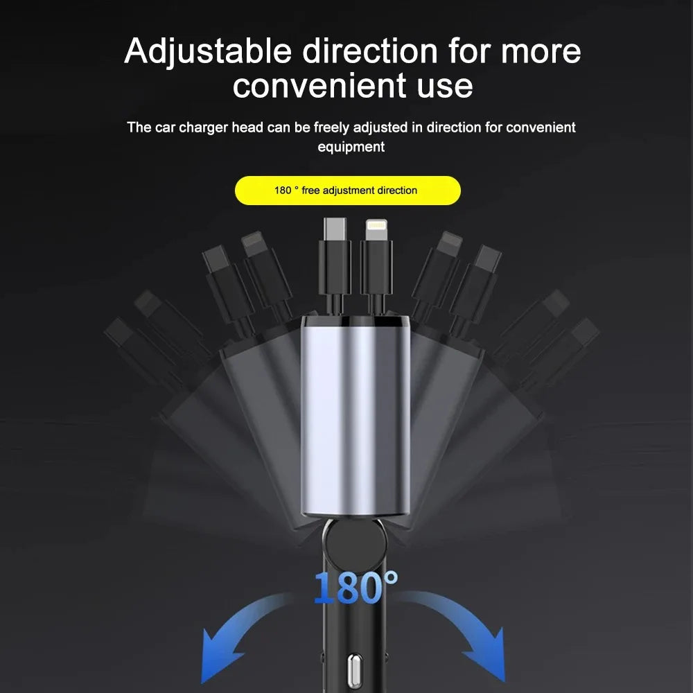 Multi-port car charger with retractable USB-C & Lightning cables. 120W fast charging for phones, vehicle power.