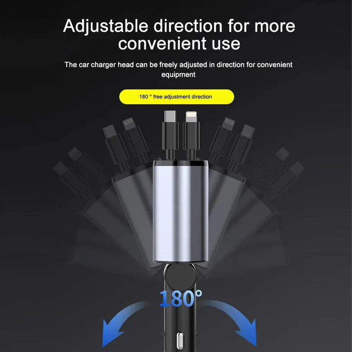 Multi-port car charger with retractable USB-C & Lightning cables. 120W fast charging for phones, vehicle power.
