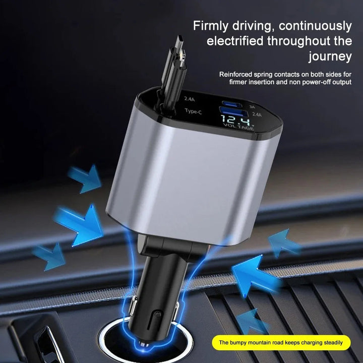 Powerful 120W smart car charger, compatible with iPhone & Android. Features retractable fast-charging cables.