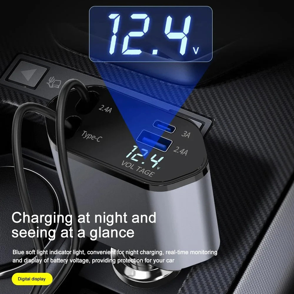 Tidy car interior with 120W smart car charger. Retractable USB-C & Lightning cables for quick phone power.