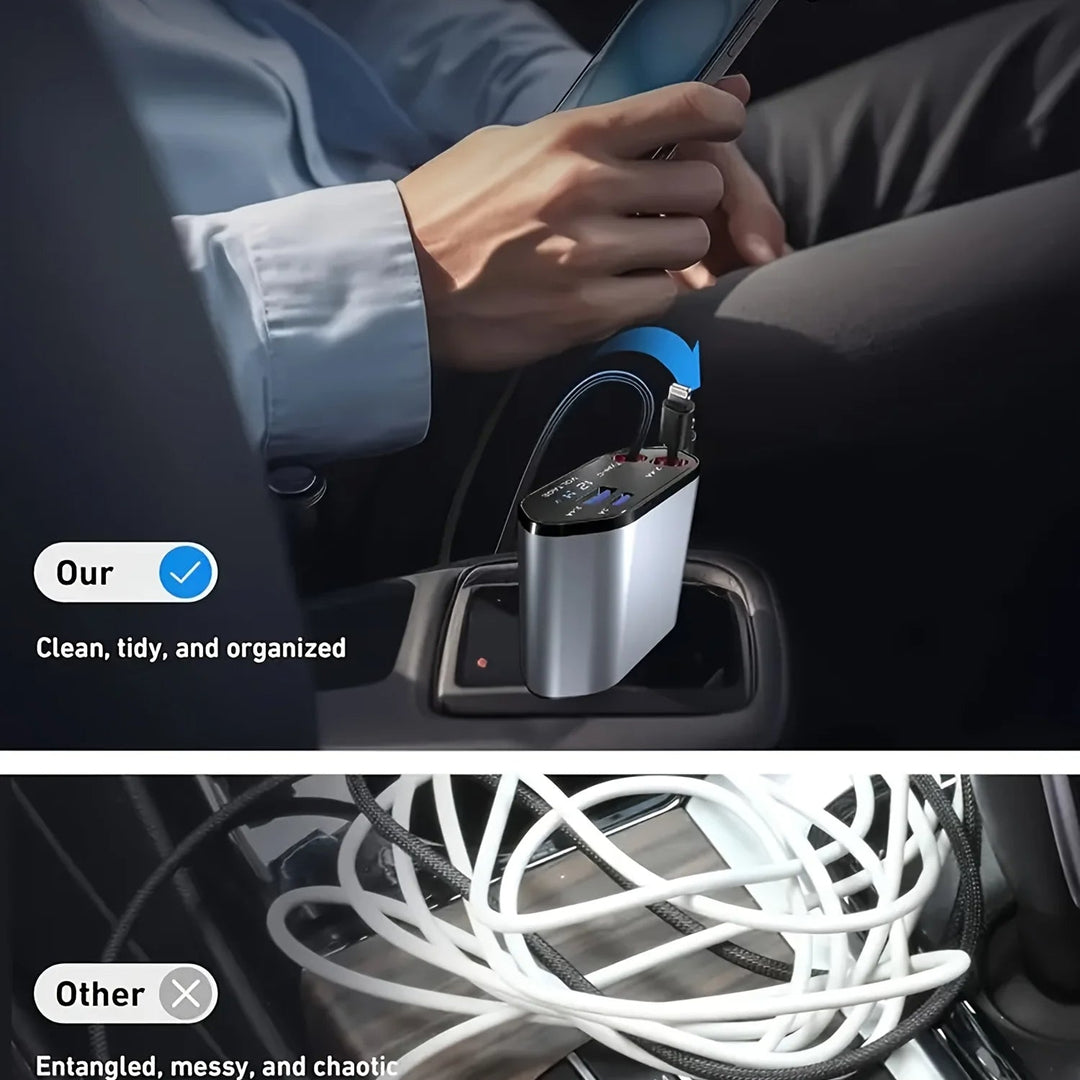 Smart 120W car charger delivering fast auto power. Retractable USB-C & iPhone cables for efficient multi-device charging.