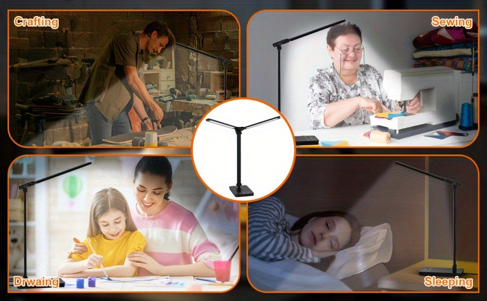 LED desk lamp demonstrating its adjustable brightness settings, perfect for various tasks from reading to work.