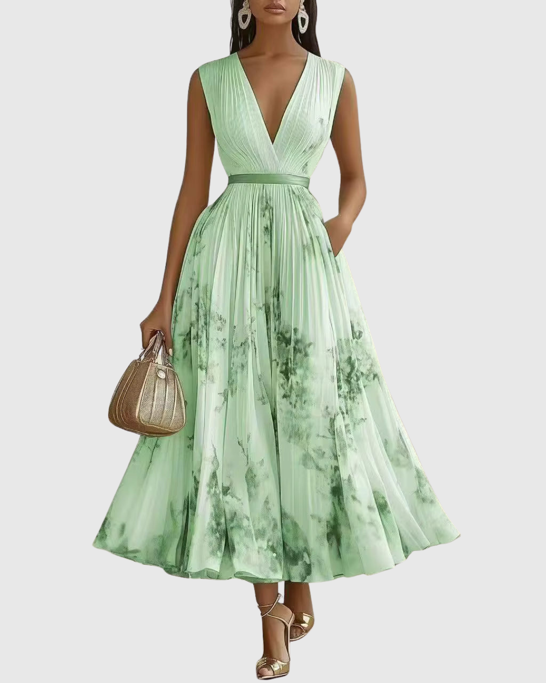 Elegant formal long pleated V-neck maxi dress for women, ideal for wedding guests & summer parties.