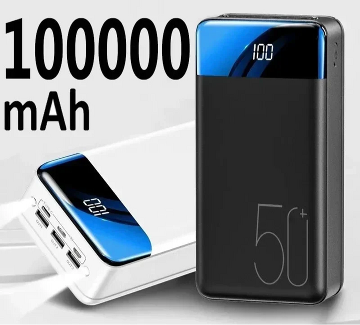 Sleek black 50000mAh power bank, showing charging ports & LED indicators for all devices.
