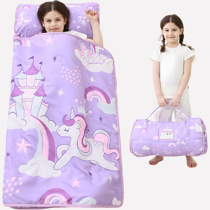 Children's bedding solution: Toddler nap mat with attached pillow and cozy blanket for peaceful sleep.