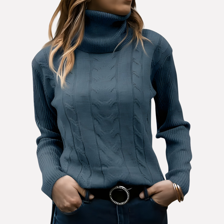 Stylish women's long sleeve turtleneck sweater for cozy winter layering looks.