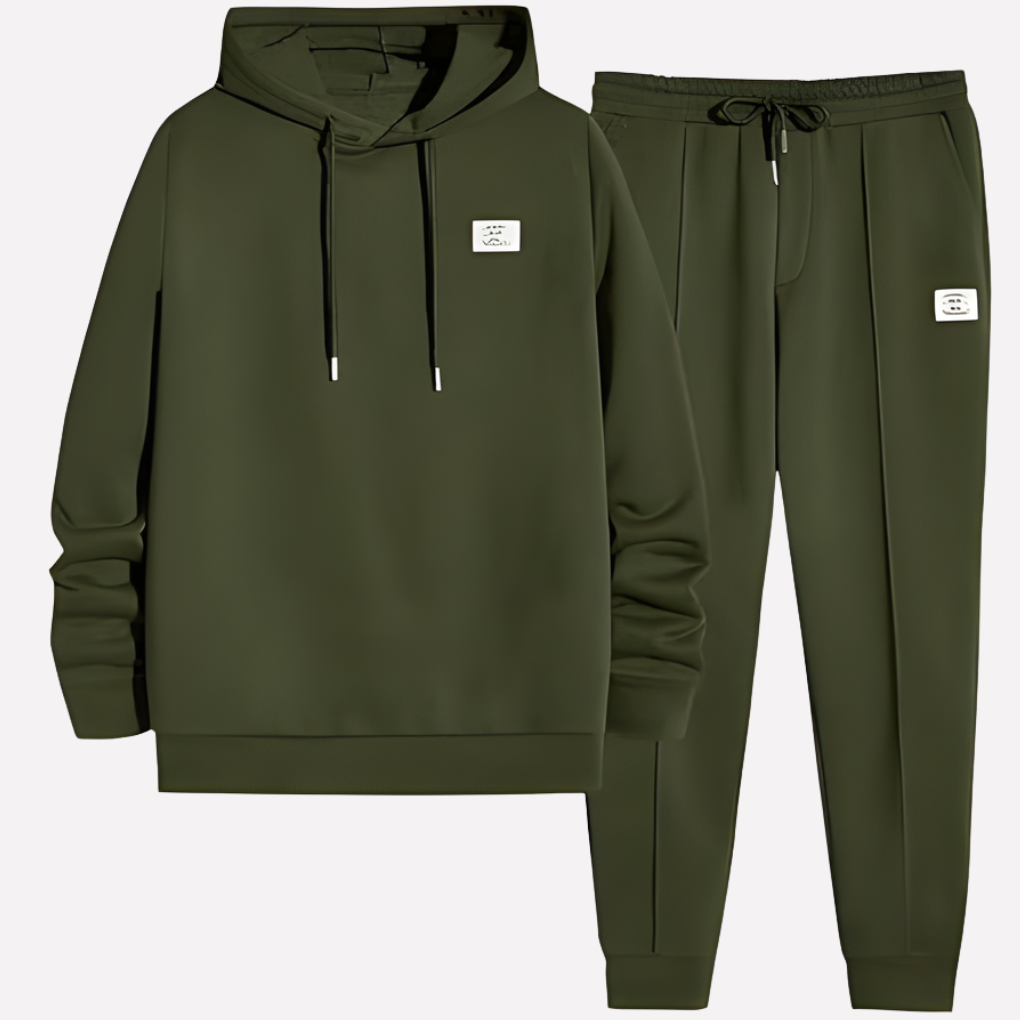 Men's complete two-piece tracksuit set. Cozy hoodie & matching jogger sweatpants for all-day comfort & style.