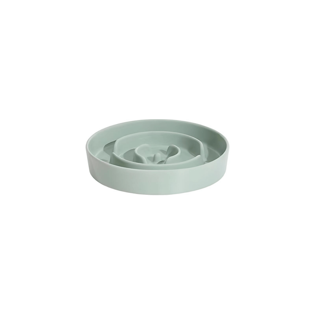 White ceramic pet slow feeder bowl featuring a unique labyrinth design.