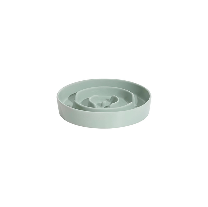 White ceramic pet slow feeder bowl featuring a unique labyrinth design.