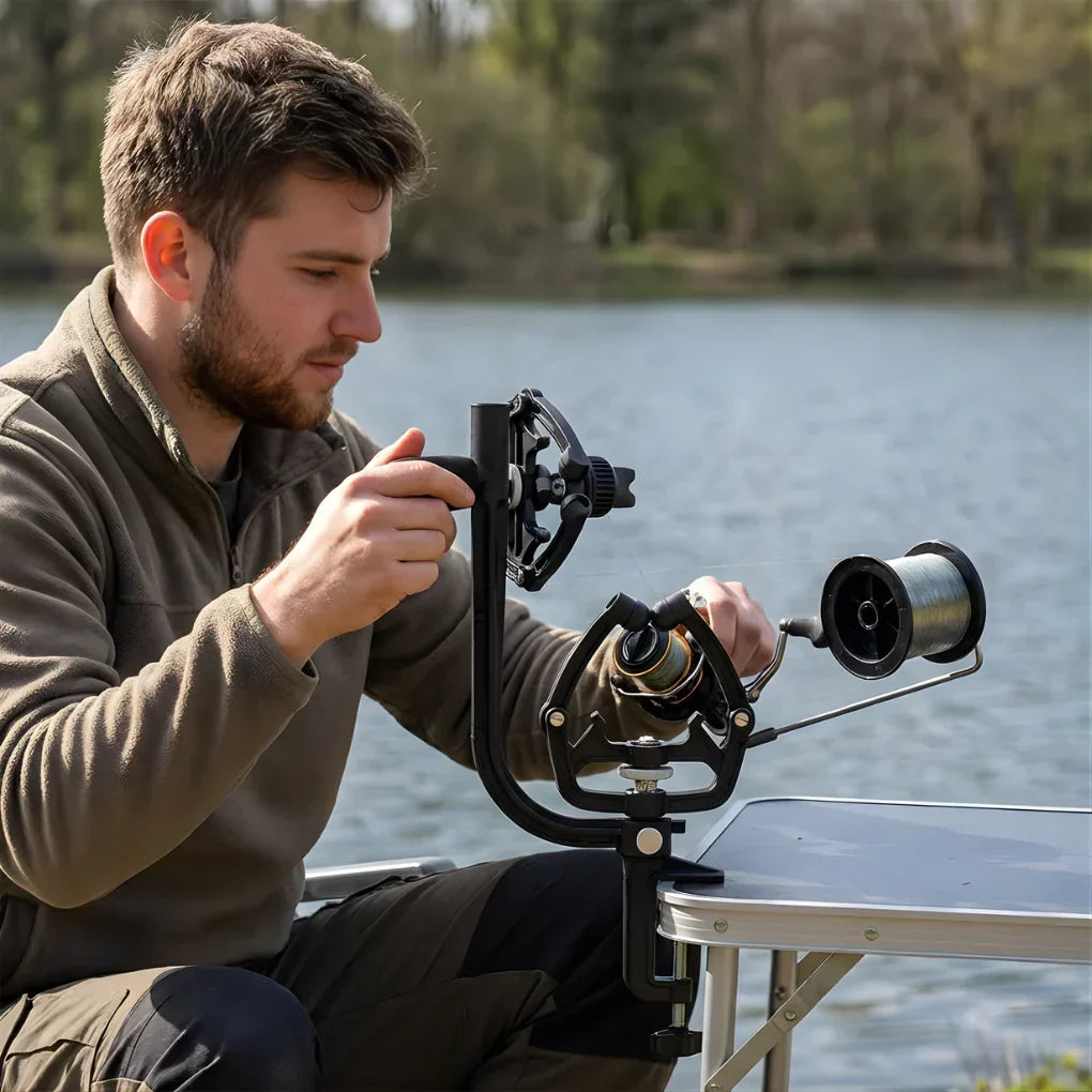 Manual fishing line spooler for tangle-free reel winding. Durable angler tool for efficient line management.
