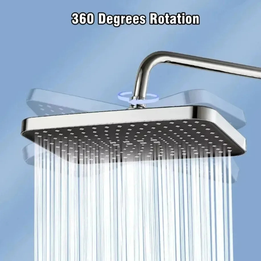 Modern 14-inch rainfall showerhead featuring a 360° pivot and eco water mode for stylish home decor.
