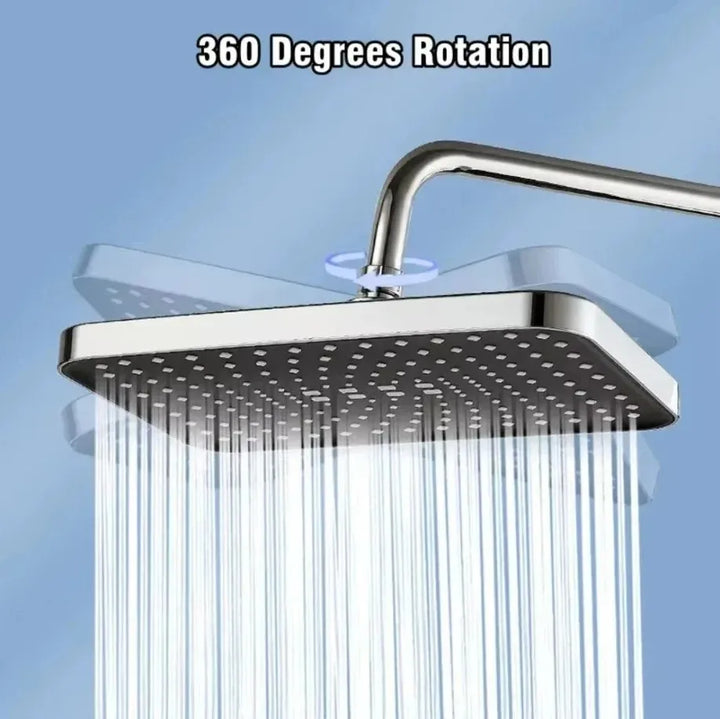 Modern 14-inch rainfall showerhead featuring a 360° pivot and eco water mode for stylish home decor.
