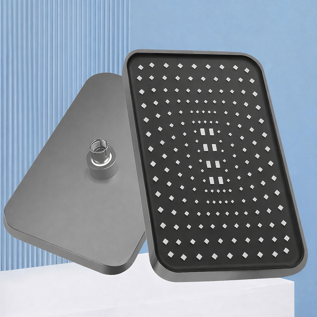 Enjoy a relaxing rain shower with this 14-inch pivoting showerhead, featuring eco water mode.