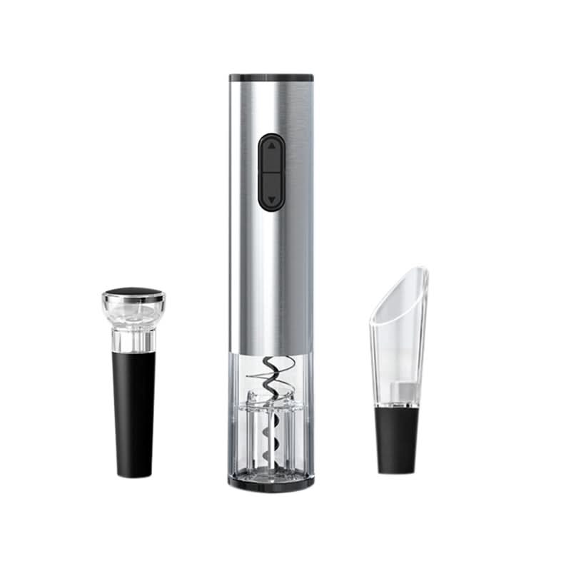Sleek stainless steel electric wine opener, rechargeable for easy and quick cork removal.