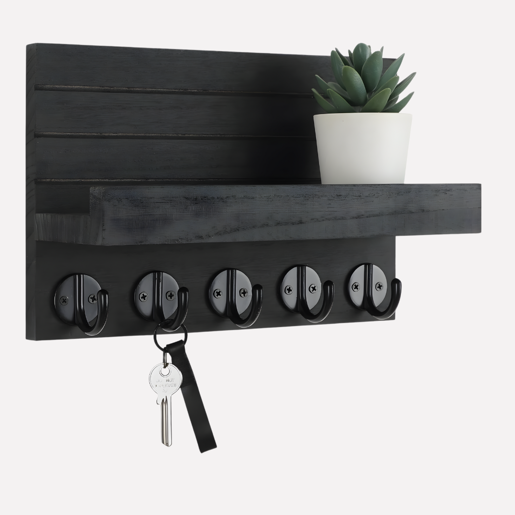 Black paulownia wood entryway wall key & mail holder with storage shelf. Perfect for home organization in hallway.