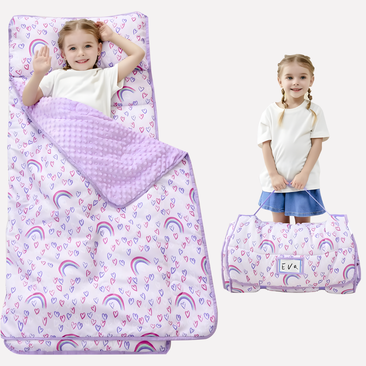 Cozy toddler nap mat with integrated pillow and attached kids blanket for comfortable naptime.