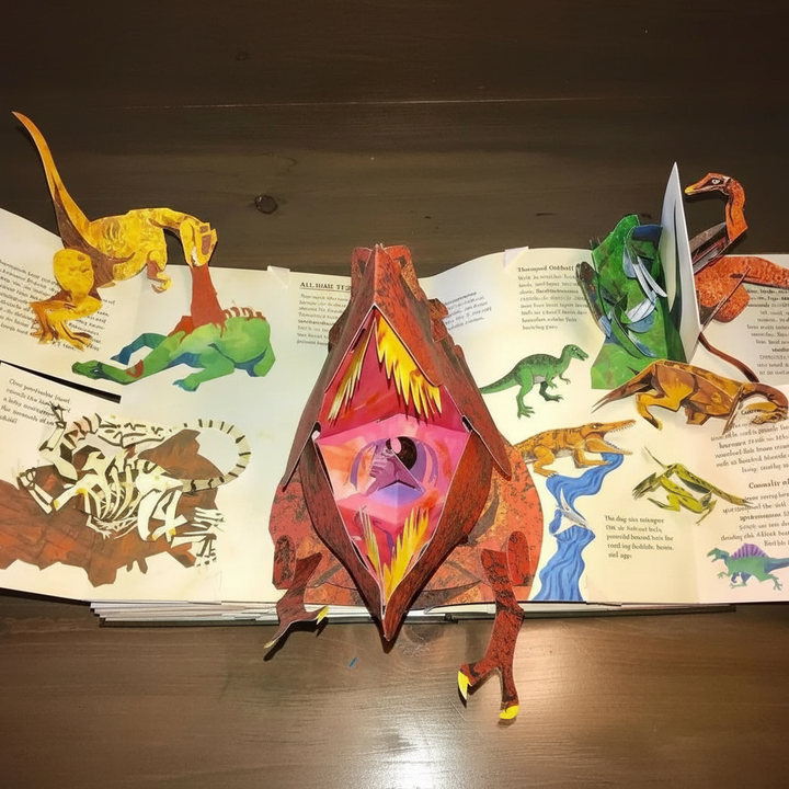 Vibrant 3D pop-up dinosaur book featuring T-Rex & Triceratops. An interactive educational toy for kids.