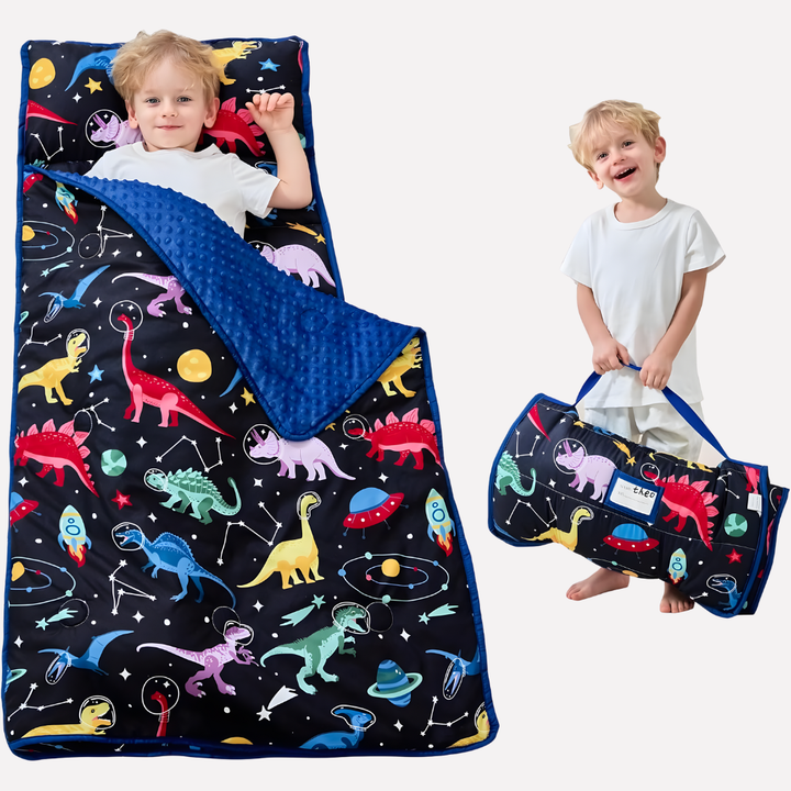 Integrated pillow and blanket make this toddler nap mat a cozy children's sleep solution for any location.
