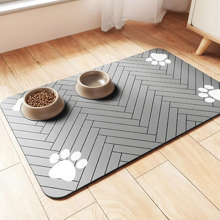 Pet food bowl mat for messy eaters. Absorbent, non-slip floor protector for dog & cat water bowls.