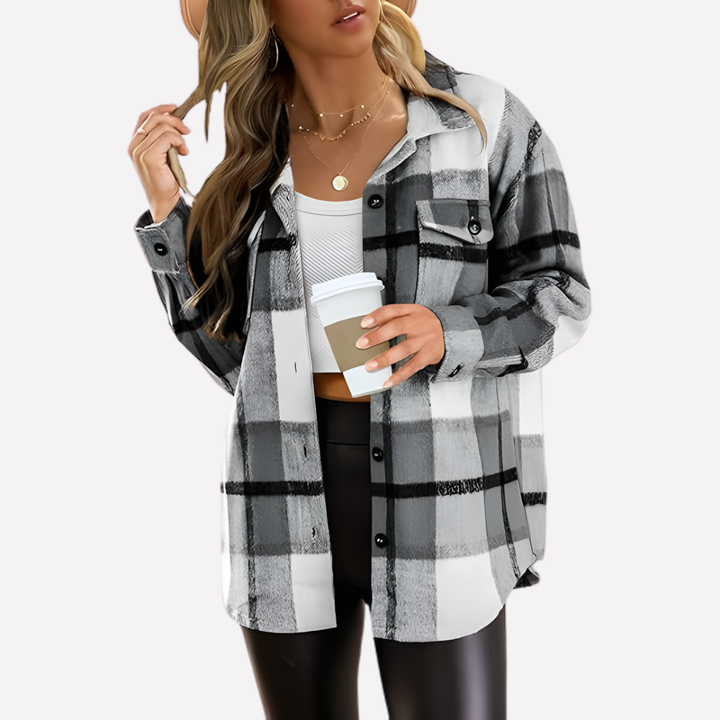 Long sleeve plaid shacket for women, relaxed fit outerwear & fashionable layering piece.