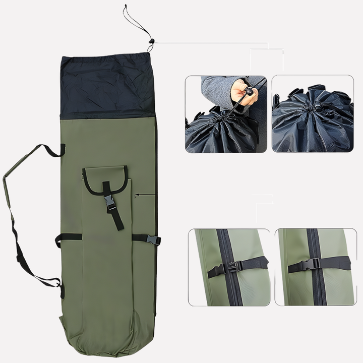 Angler's portable fishing rod case; multi-compartment organizer for rods, reels & tackle, easy to carry.