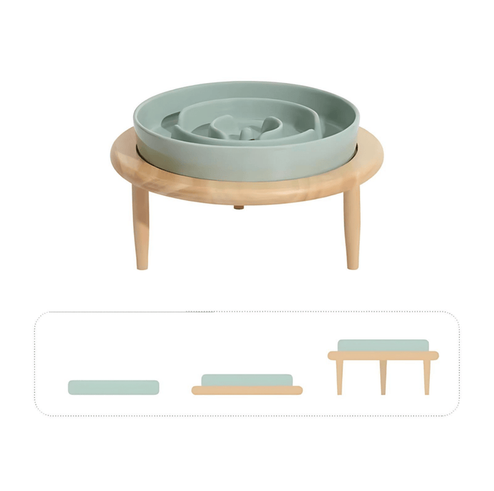 Ceramic slow feeder pet bowl with wooden stand, ideal for dog & cat healthy eating.